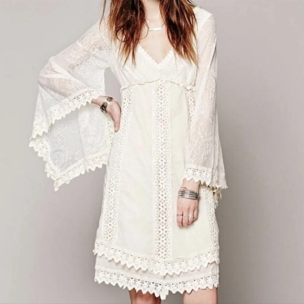 Free People Cream Lace Boho Bell Sleeve Dress